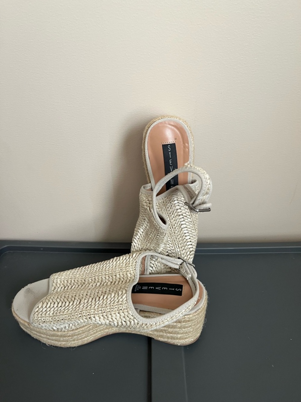 Steven By Steve Madden Cream Woven Espadrille Wedge Slingbacks